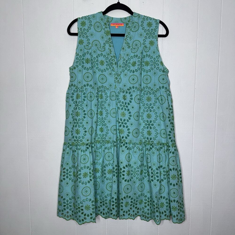 Vilagallo Women’s Floral Eyelet Embroidered Dress Sleeveless Teal Green 42, M